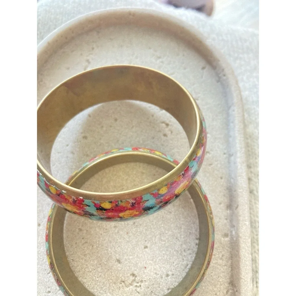 Floral Bangle Bracelet‎ Set Of 2 Wide Gold Tone Turquoise Color Cottagecore